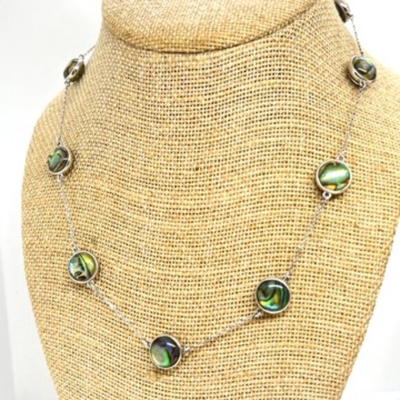 ABALONE SHELL MOTHER OF PEARL 925 STERLING SILVER STATION LINK NECKLACE 18" - Picture 7 of 16